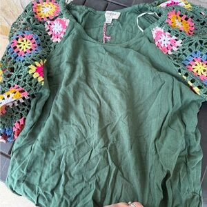 Umgee Forest Green Top with Colorful Crochet Sleeves